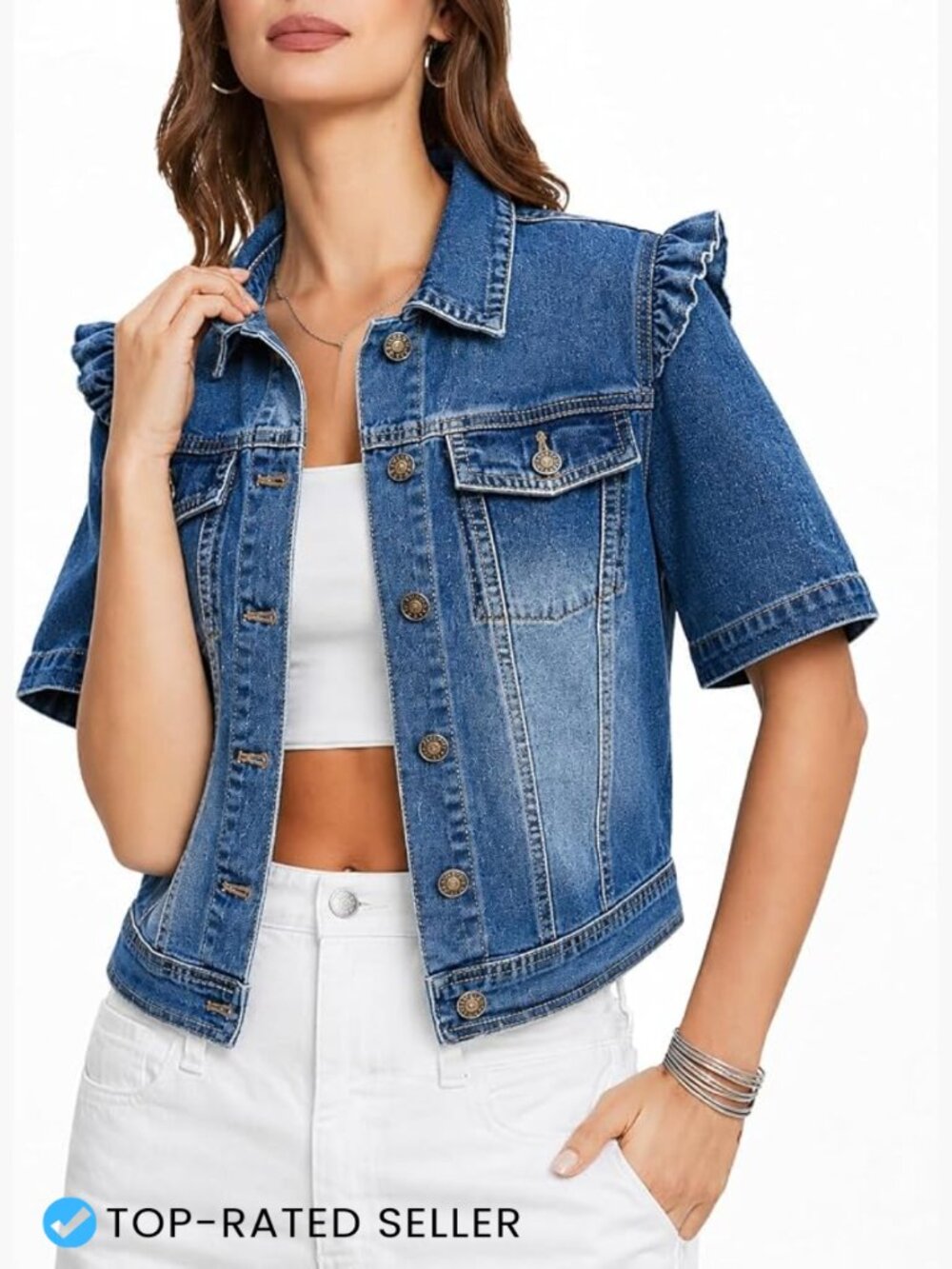 Cropped Denim Jacket Women Short Sleeve Ruffle Hem Button Front Chest Pockets